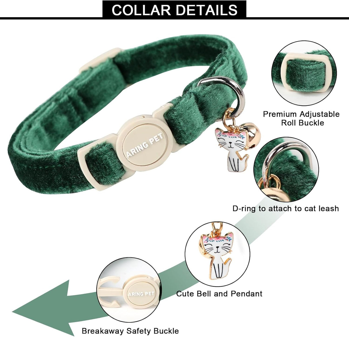 Adjustable green and pink holiday pet collars showcasing the attached metal jingle bell.