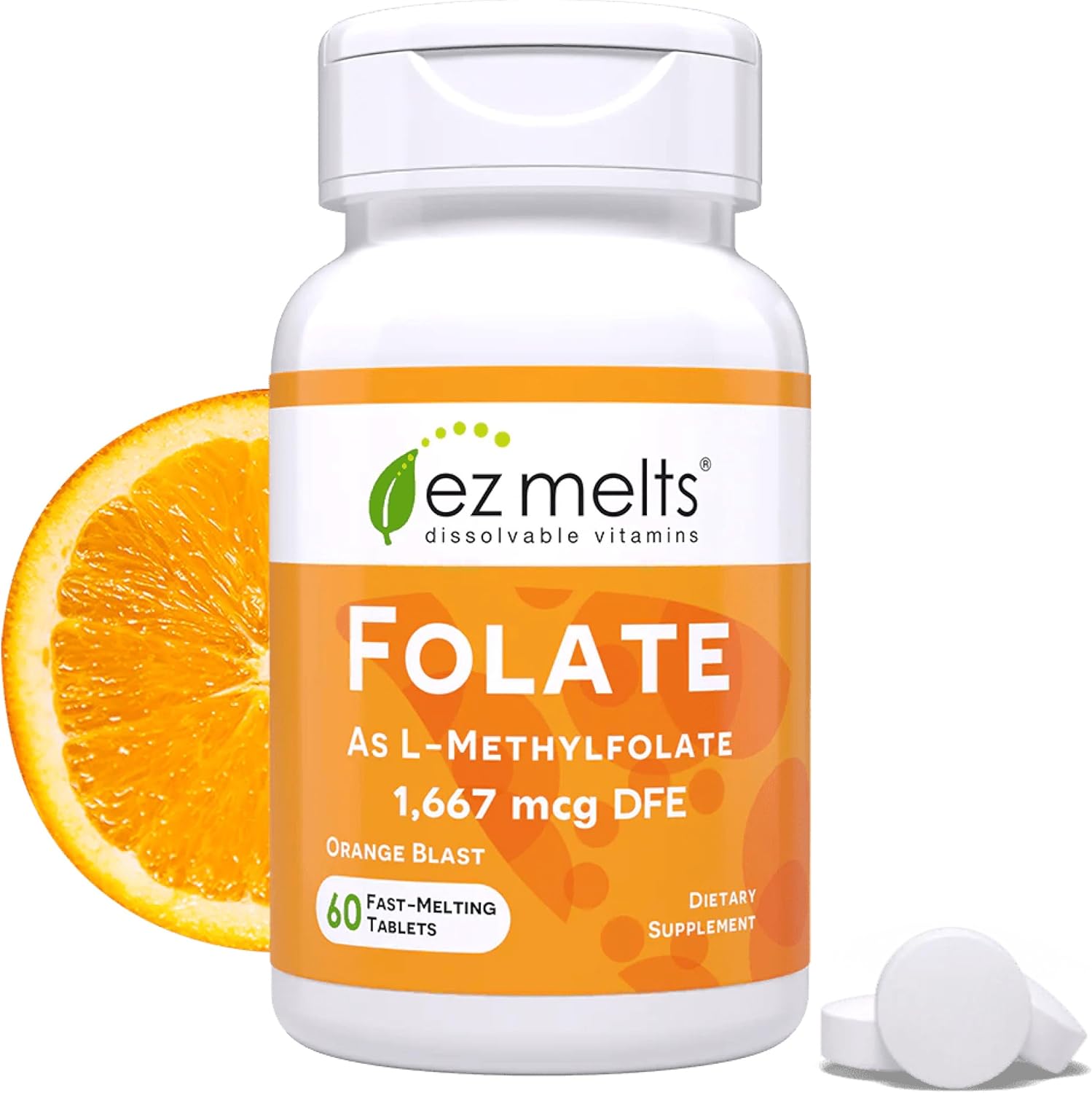 EZ Melts Dissolvable Folate 60 tablets front packaging view showcasing active prenatal health benefits