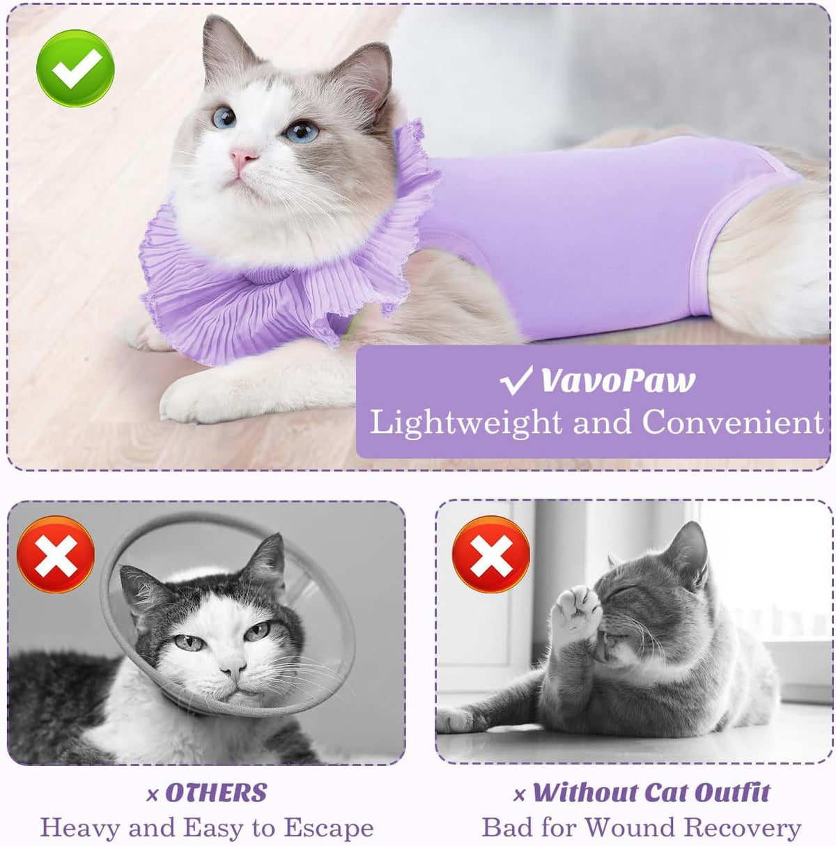 VavoPaw post-operative abdominal wound protection bodysuit for female cats.