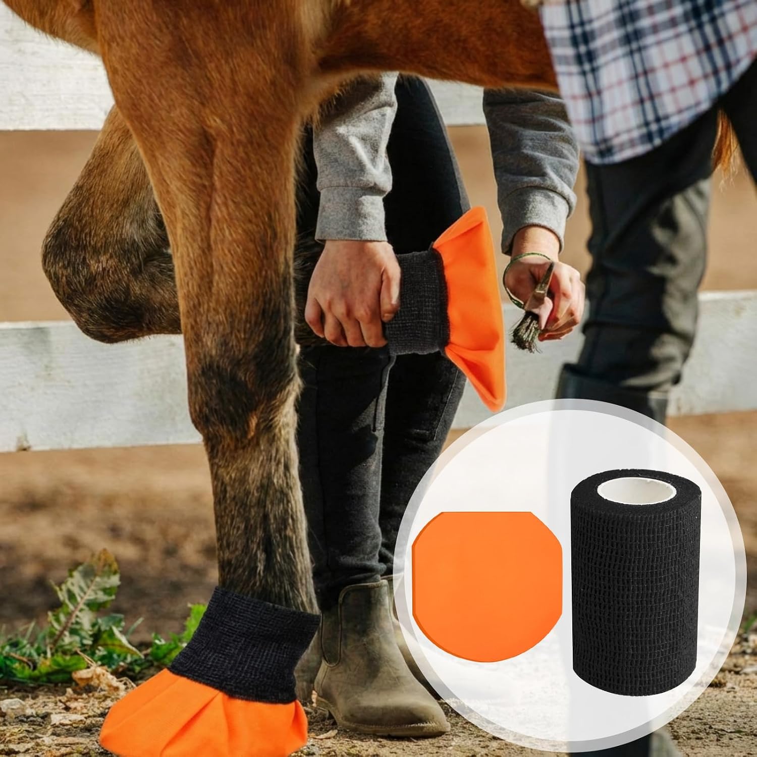 Porous non woven vet wrap rolls for horses showing texture and self adhesive features