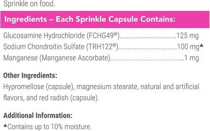 Educational graphic showing Cosequin capsule sprinkling on cat food