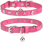 Leather Cat Collars for Boy Girl Cats with Bell and Safety Elastic Belt, Personalized Star and Moon Stud Adjustable Safe Buckle Collar for Kitty Small Big Cats Size 7-9 Inch, Black - Image 13