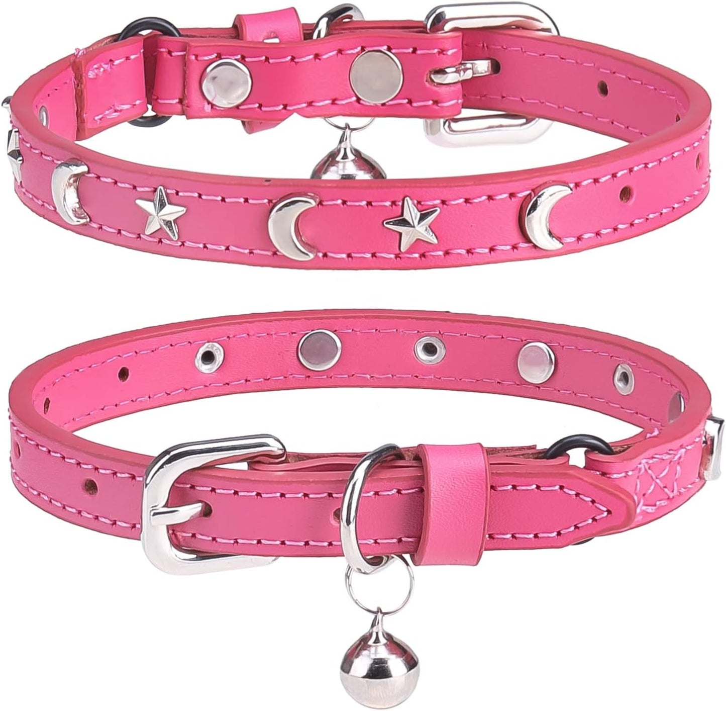 Leather Cat Collars for Boy Girl Cats with Bell and Safety Elastic Belt, Personalized Star and Moon Stud Adjustable Safe Buckle Collar for Kitty Small Big Cats Size 7-9 Inch, Black - Image 13