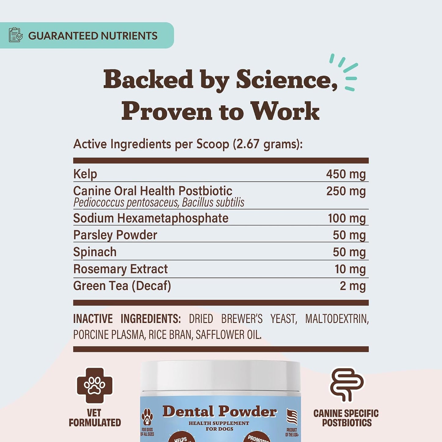 Dog food topper powder for dental health displayed next to healthy ingredients