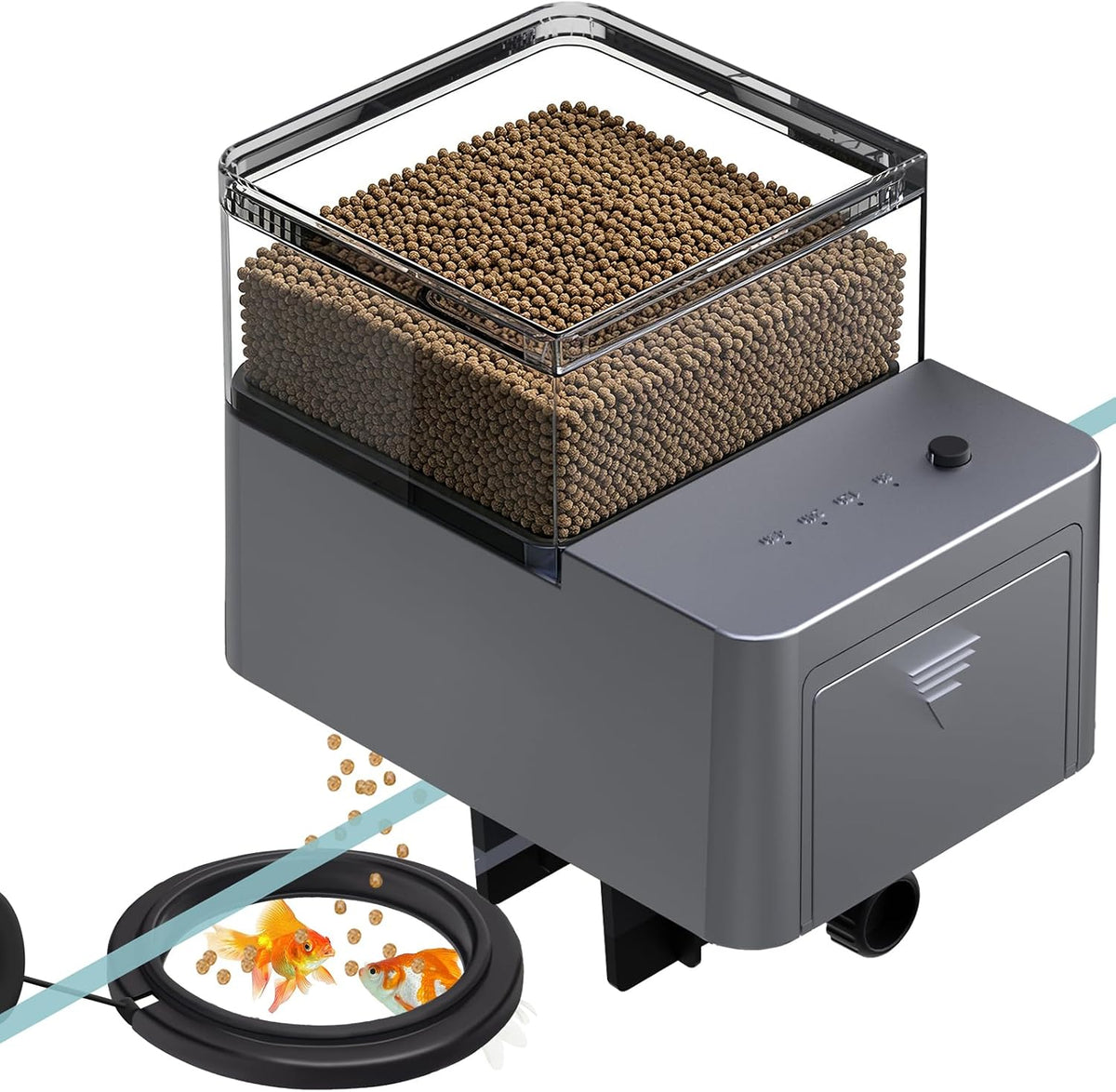 Charmshine automatic fish feeder front view showcasing the digital display and transparent food container.