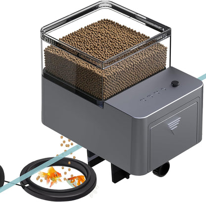 Charmshine automatic fish feeder front view showcasing the digital display and transparent food container.