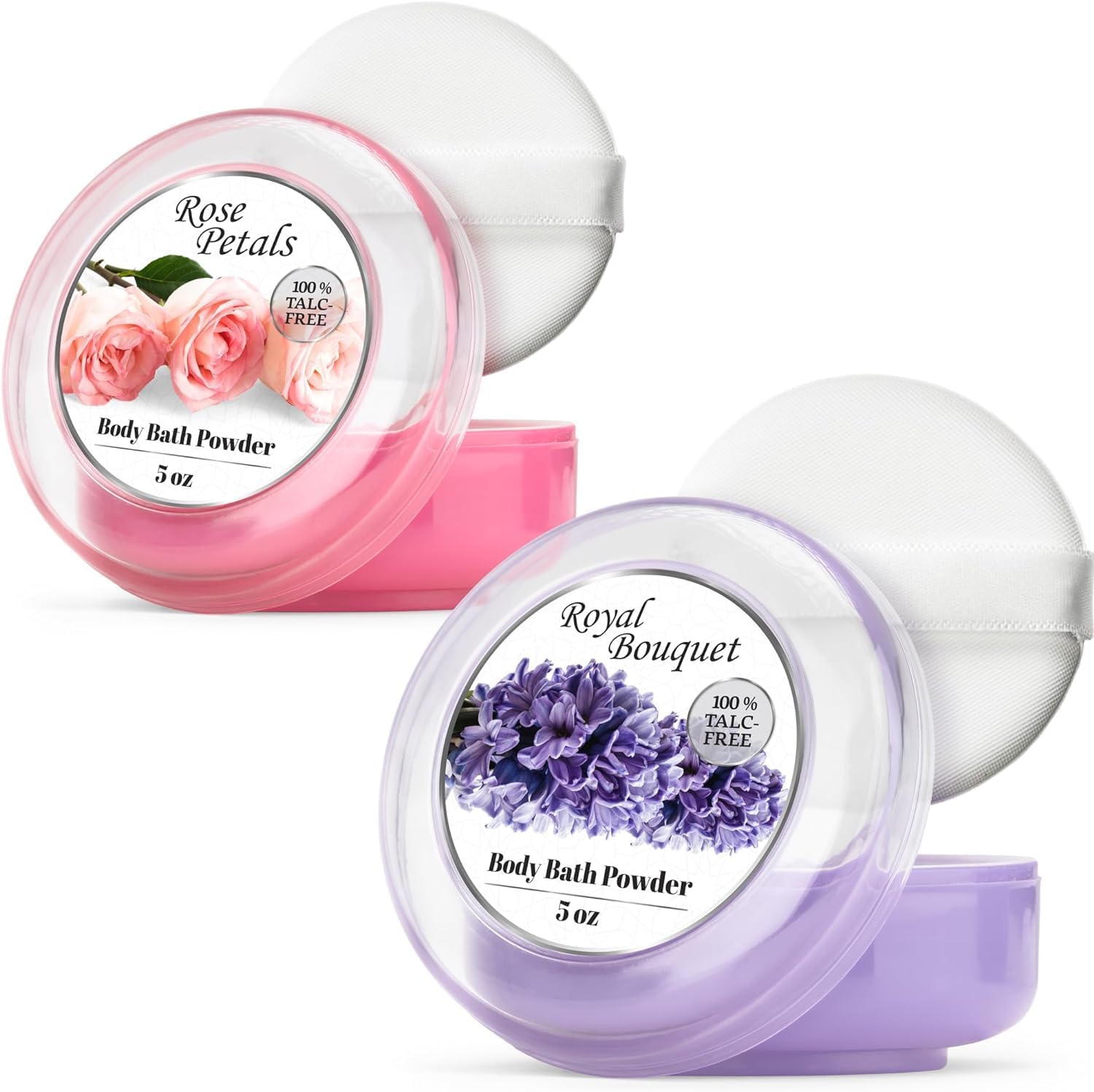 R-NEU talc free body powder pack front view showing premium floral container design