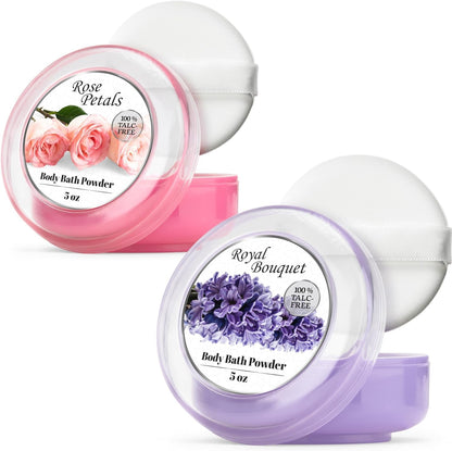 R-NEU talc free body powder pack front view showing premium floral container design