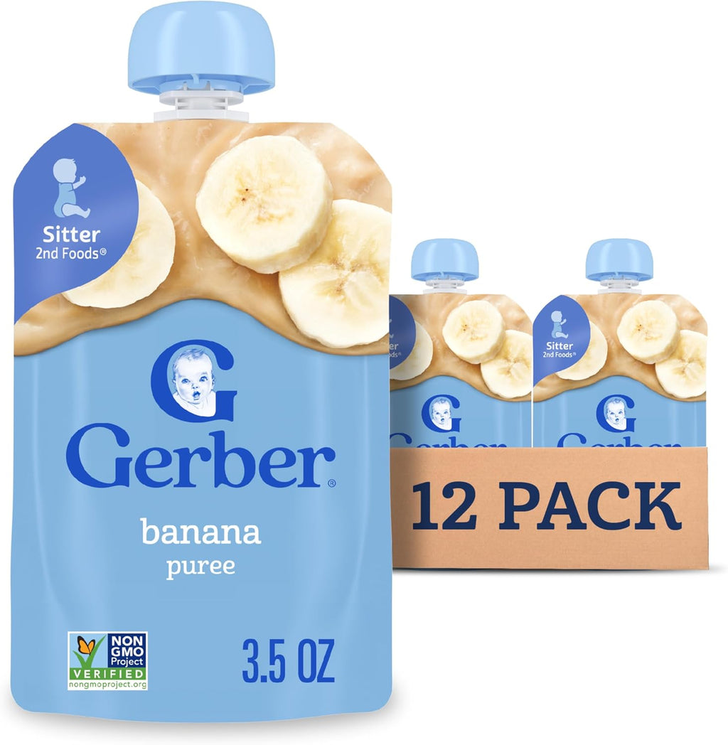 Gerber Stage 2 Banana Puree Pouch front view of 12 pack
