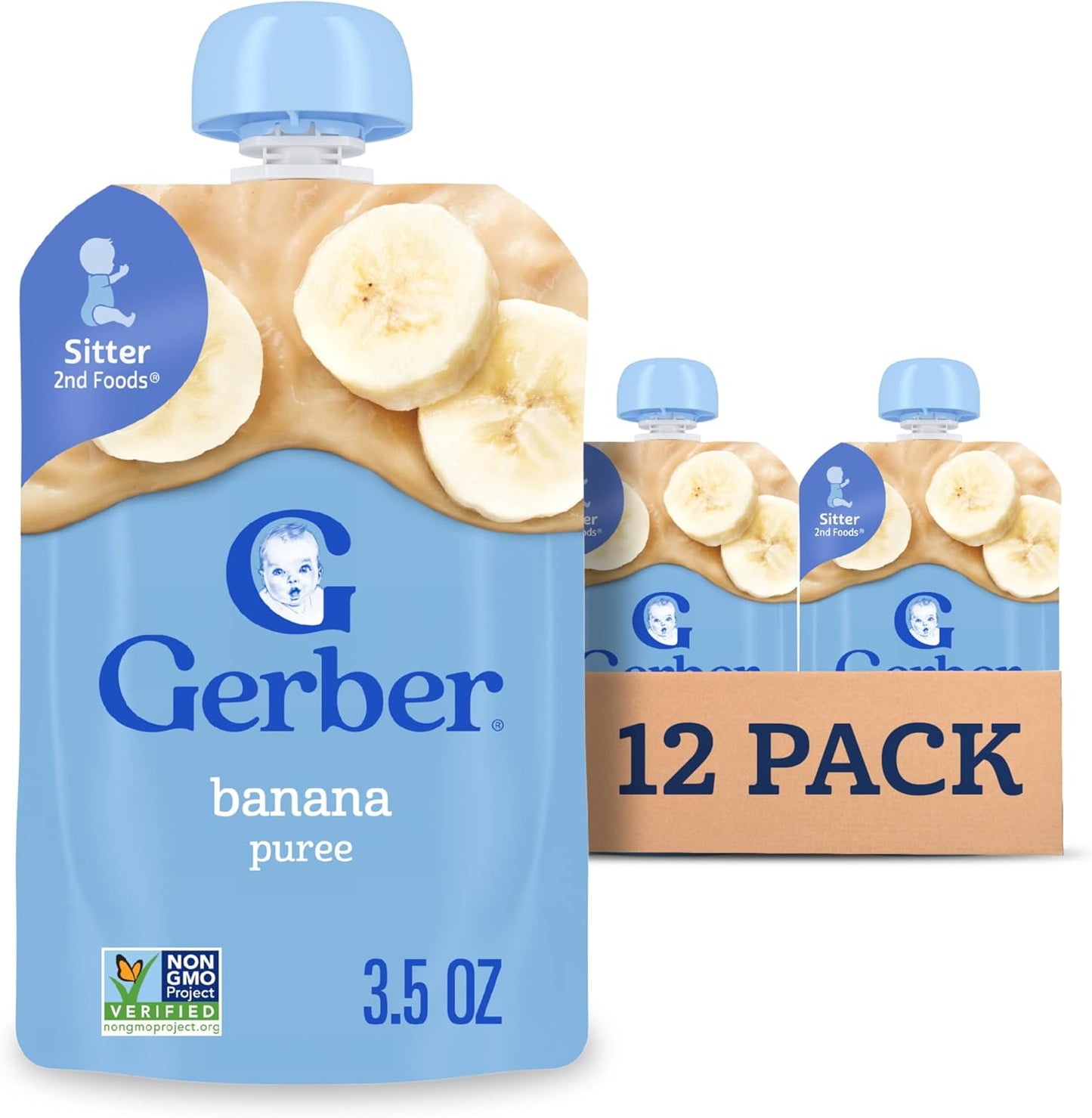 Gerber Stage 2 Banana Puree Pouch front view of 12 pack