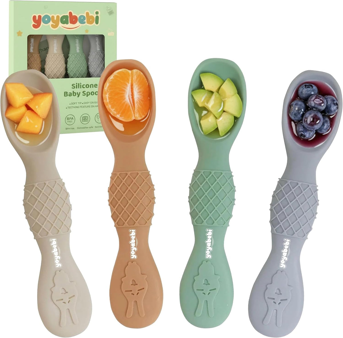 YOYABEBI silicone baby spoons front view four pack set for infant self feeding
