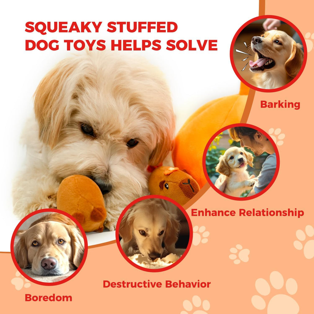 MewaJump crinkle plush stuffed dog toy set demonstrating how dry pet treats can be hidden inside for foraging.