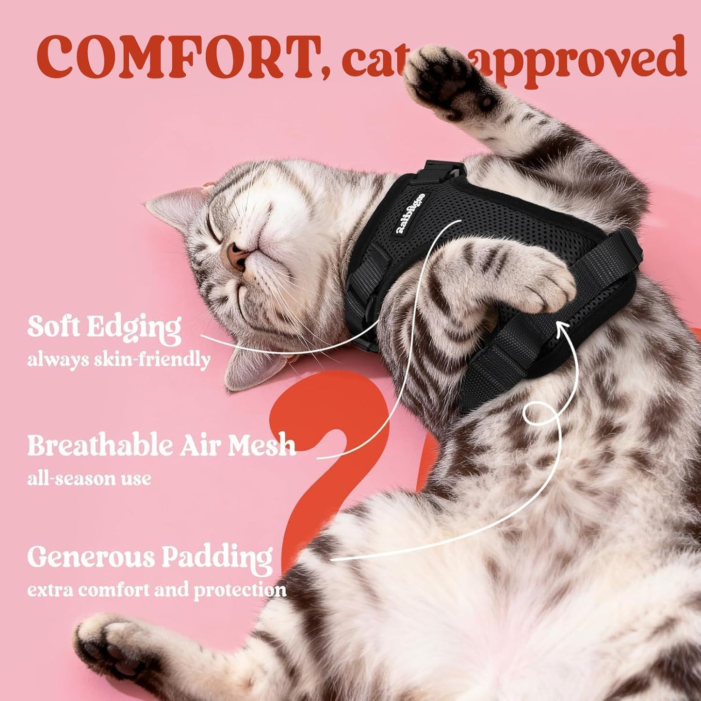 Rabbitgoo escape proof cat harness reflective strips details for night safety.