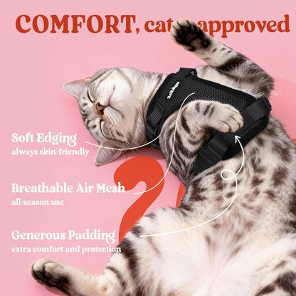 Rabbitgoo escape proof cat harness reflective strips details for night safety.