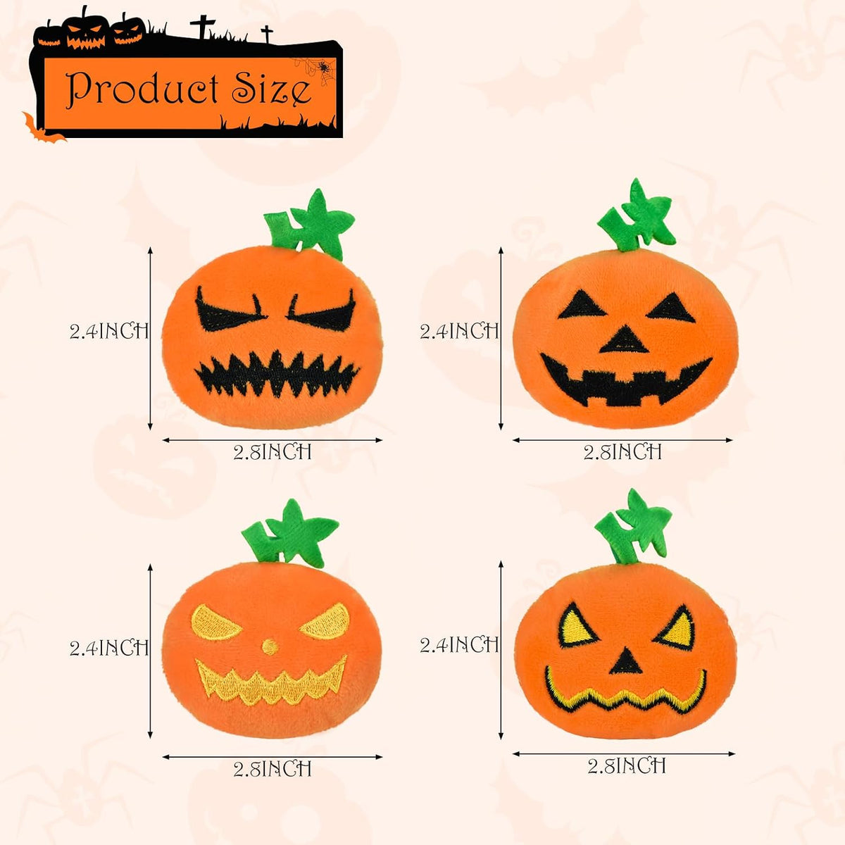 An interactive orange pumpkin plush pet toy being held to demonstrate its eight centimeter size.