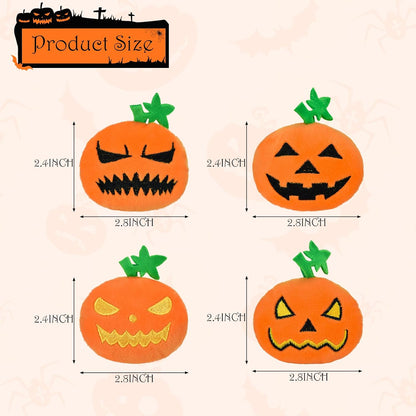 An interactive orange pumpkin plush pet toy being held to demonstrate its eight centimeter size.