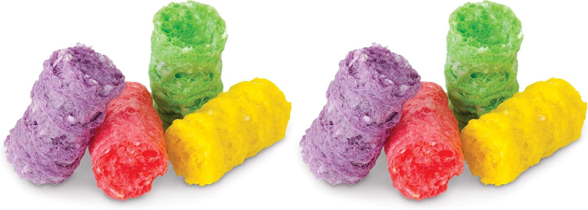 Close-up of crunchy red and green puffed rice chew sticks for small pets