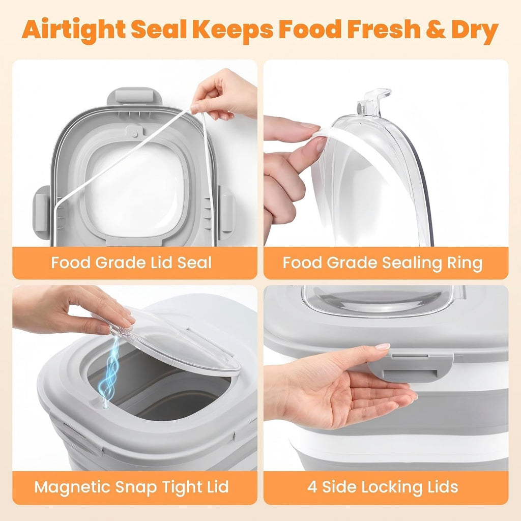 Airtight dog food container with measuring scoop