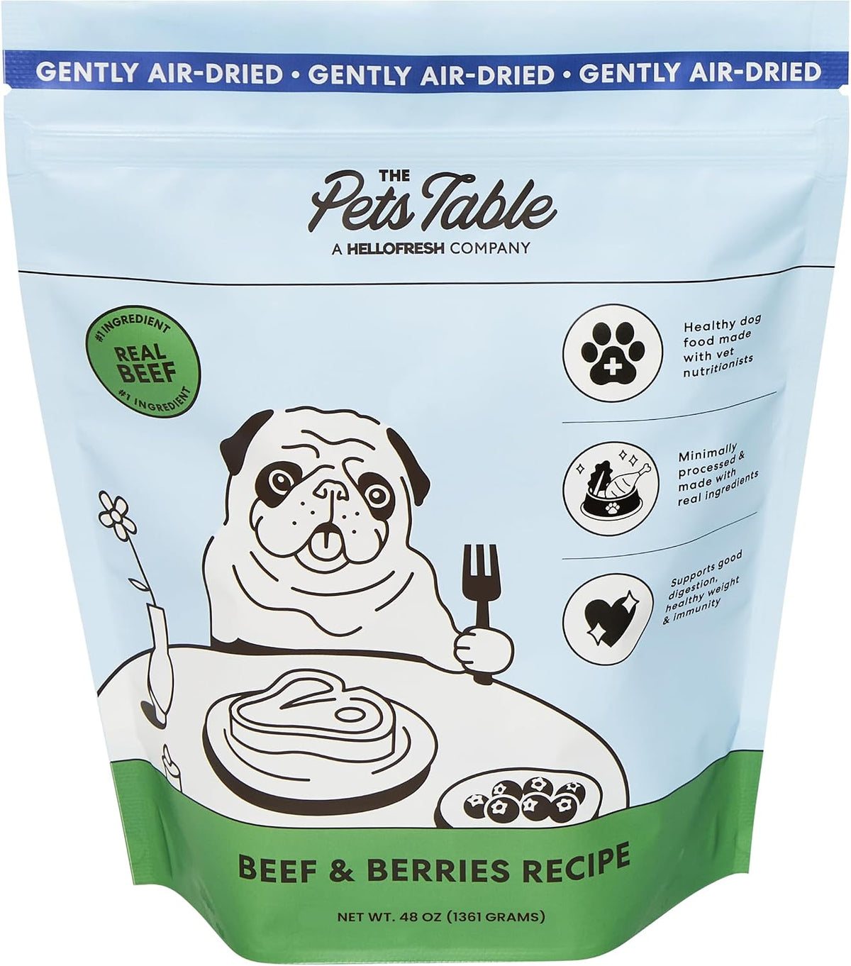 The Pets Table grain free air dried dog food bag showing ingredient highlights of beef and berries