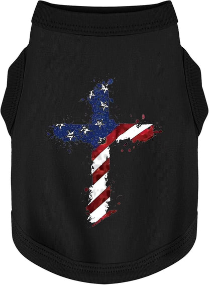 Side profile of medium sized dog in patriotic vest