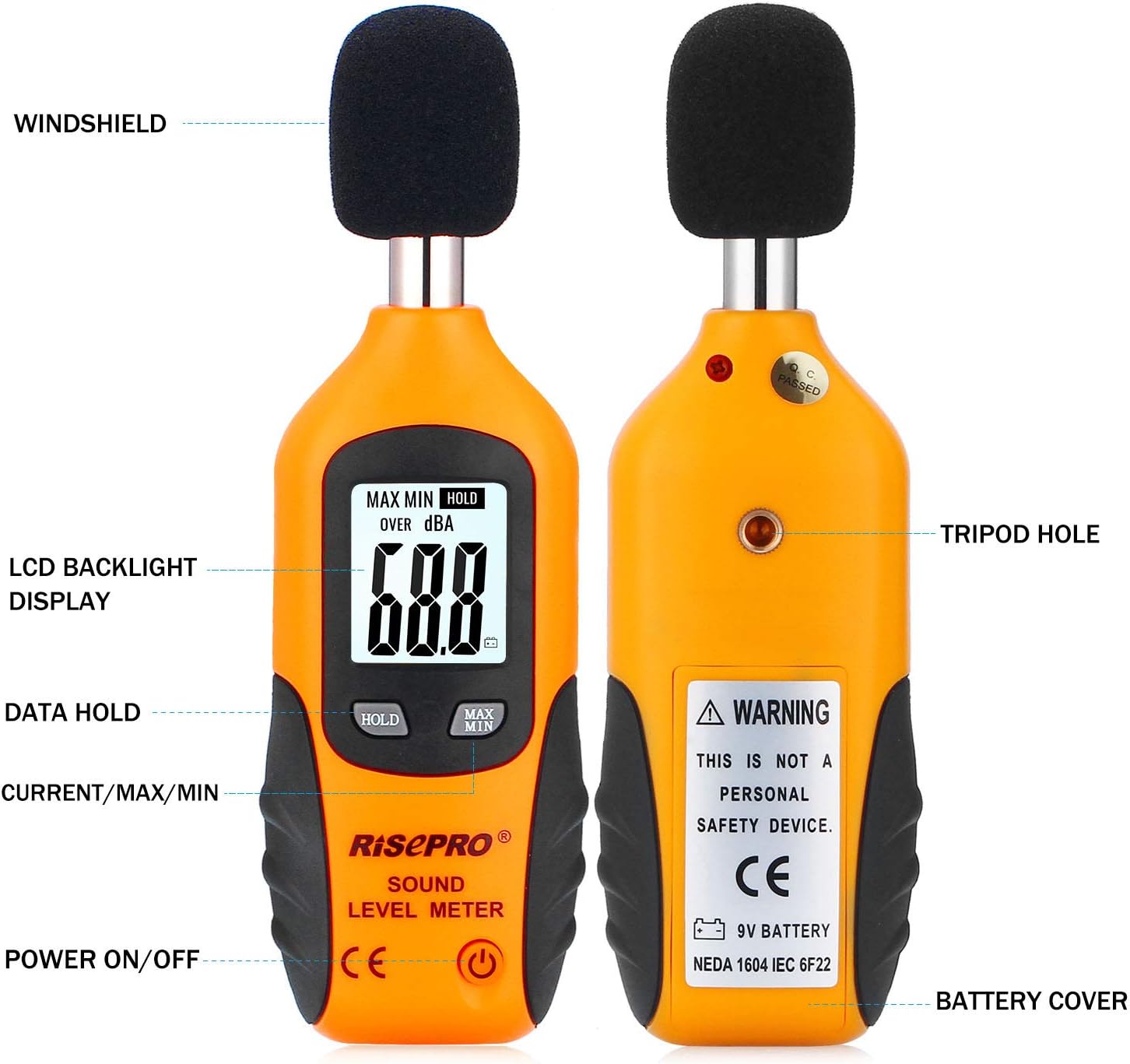 RISEPRO HT80A audio noise measure device displayed with its protective foam windscreen ball attached.