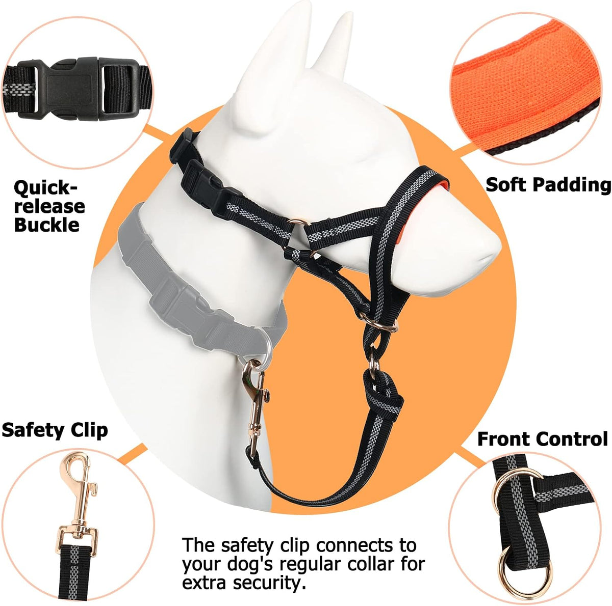 Barkless dog halter with soft padding detail