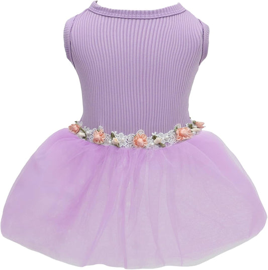 CuteBone Purple Tulle Skirt Dog Dress front view showcasing the elegant rounded neckline and soft bodice fabric.