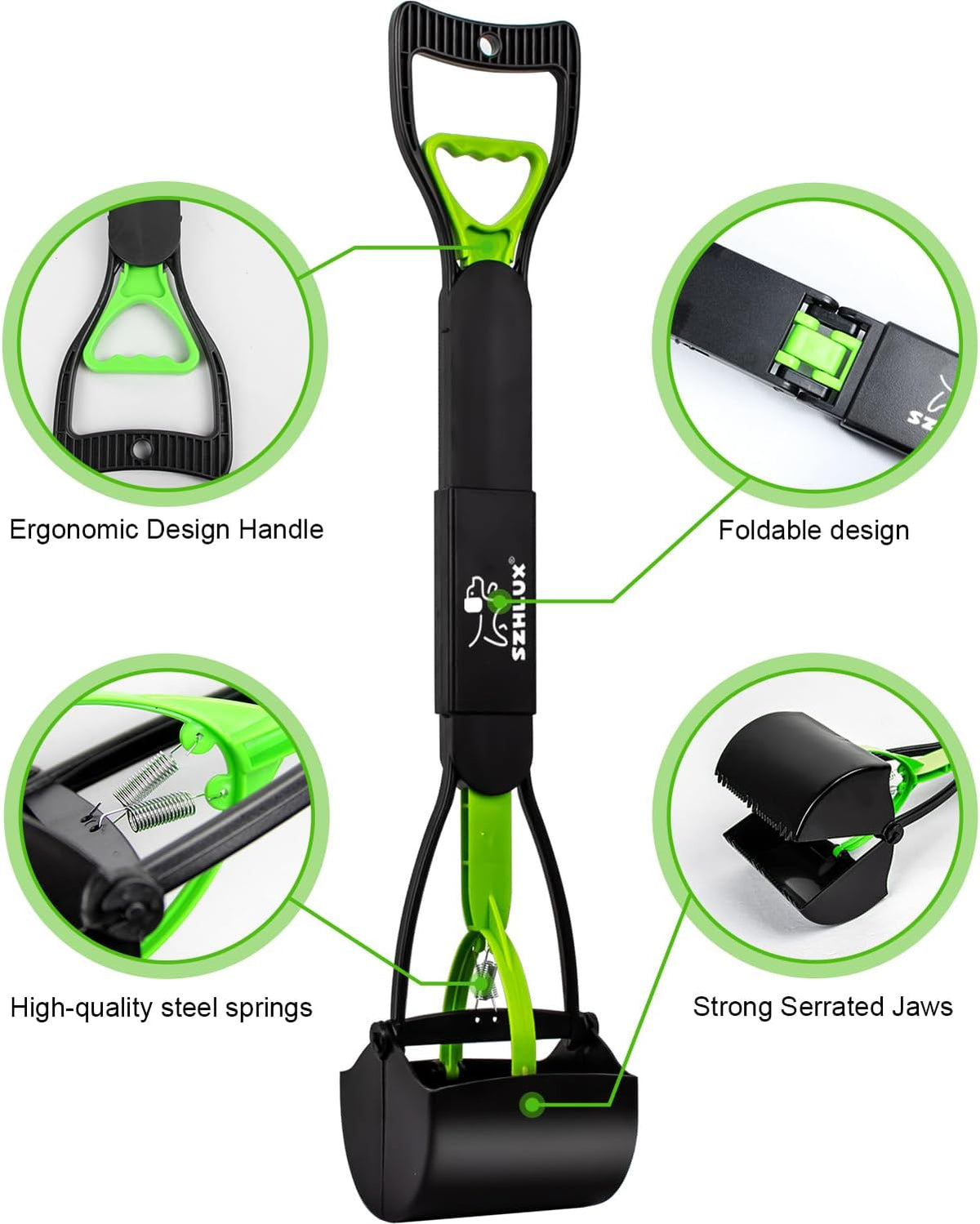 SZHLUX 28 inch long handle dog poop scoop being used on outdoor green grass.