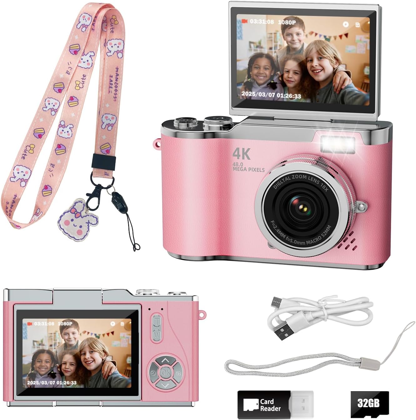 HEYMAO kids 4K digital camera front view in pink showing lens and built-in flash