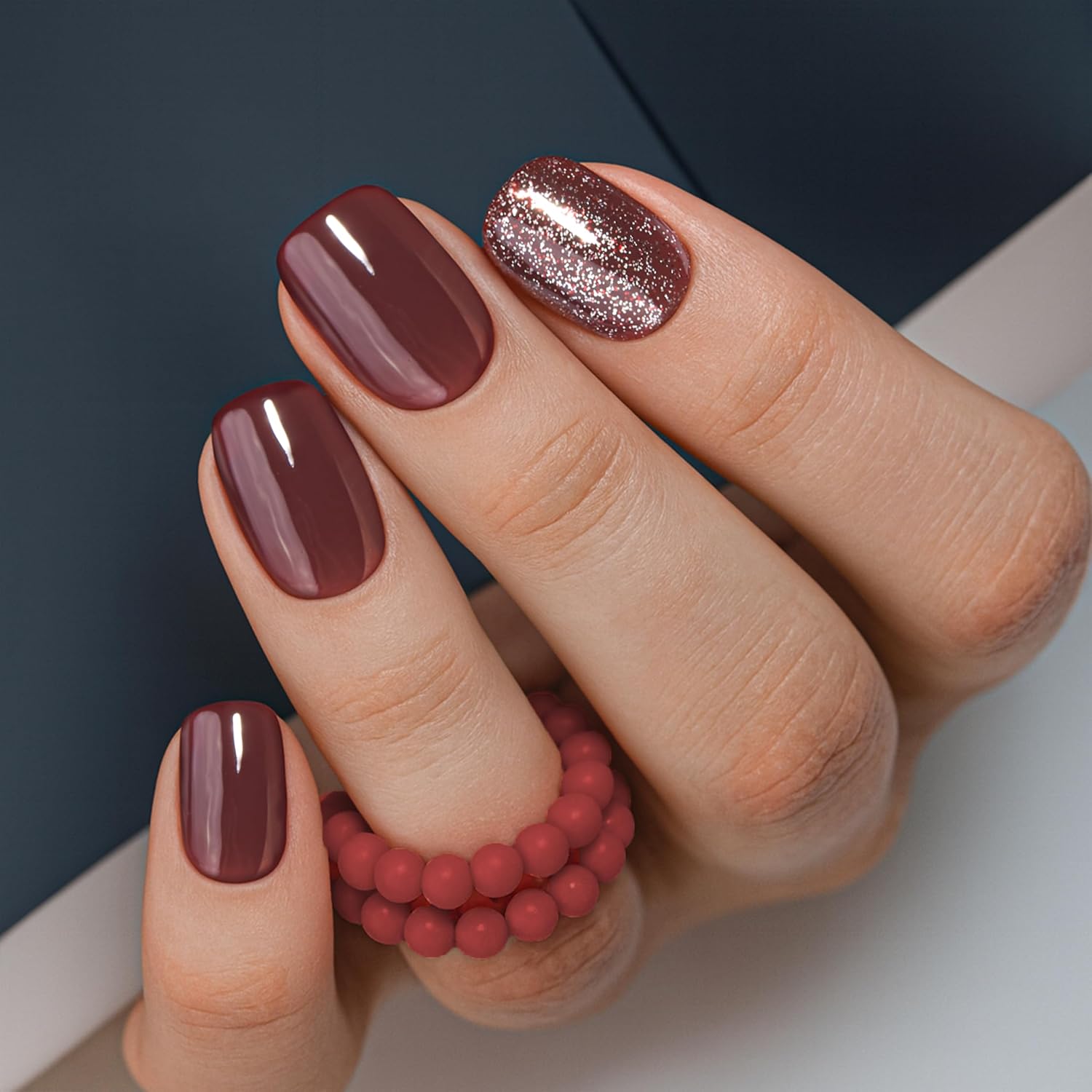 Curvlife Short Square Press On Nails Wine Red and Nude Apricot front view