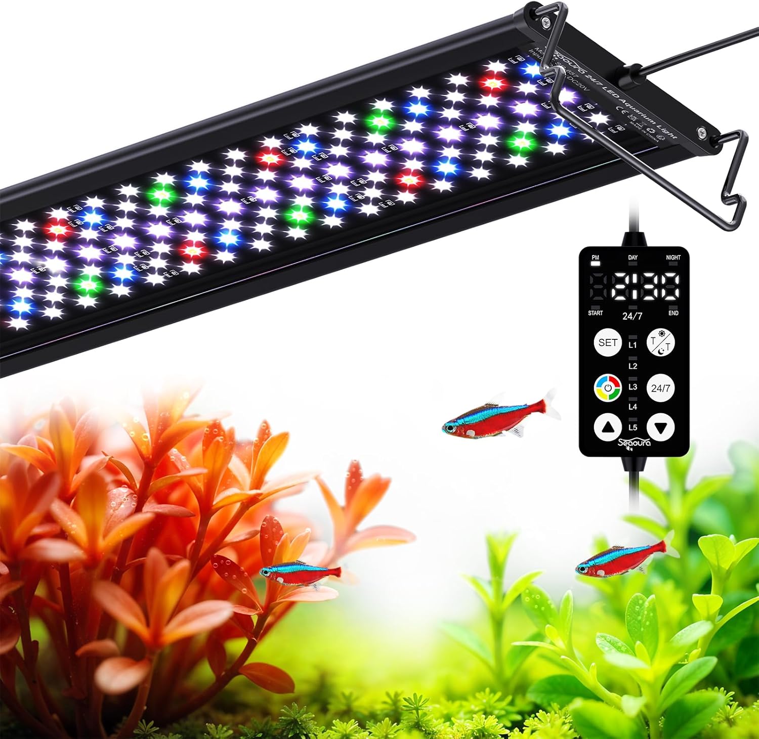 SEAOURA LED Aquarium Light, 24/7 Custom Timer, Power-Off Memory,7-Row LED 18-24in Full Spectrum Fish Tank Light, 8 Colors, 20 Brightness, Day&Night Cycle, Adjustable Mount for Freshwater Plant Growth - Image 12