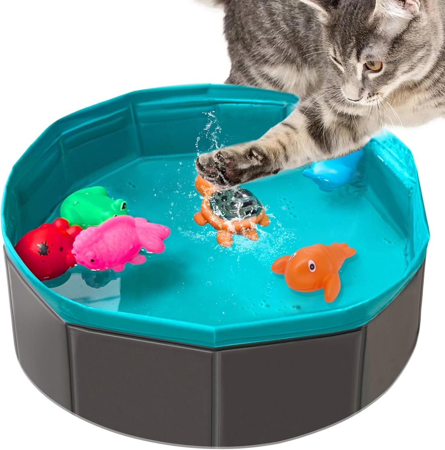 Yopetox interactive cat pool toy front view showing the blue portable play mat with floating fish.
