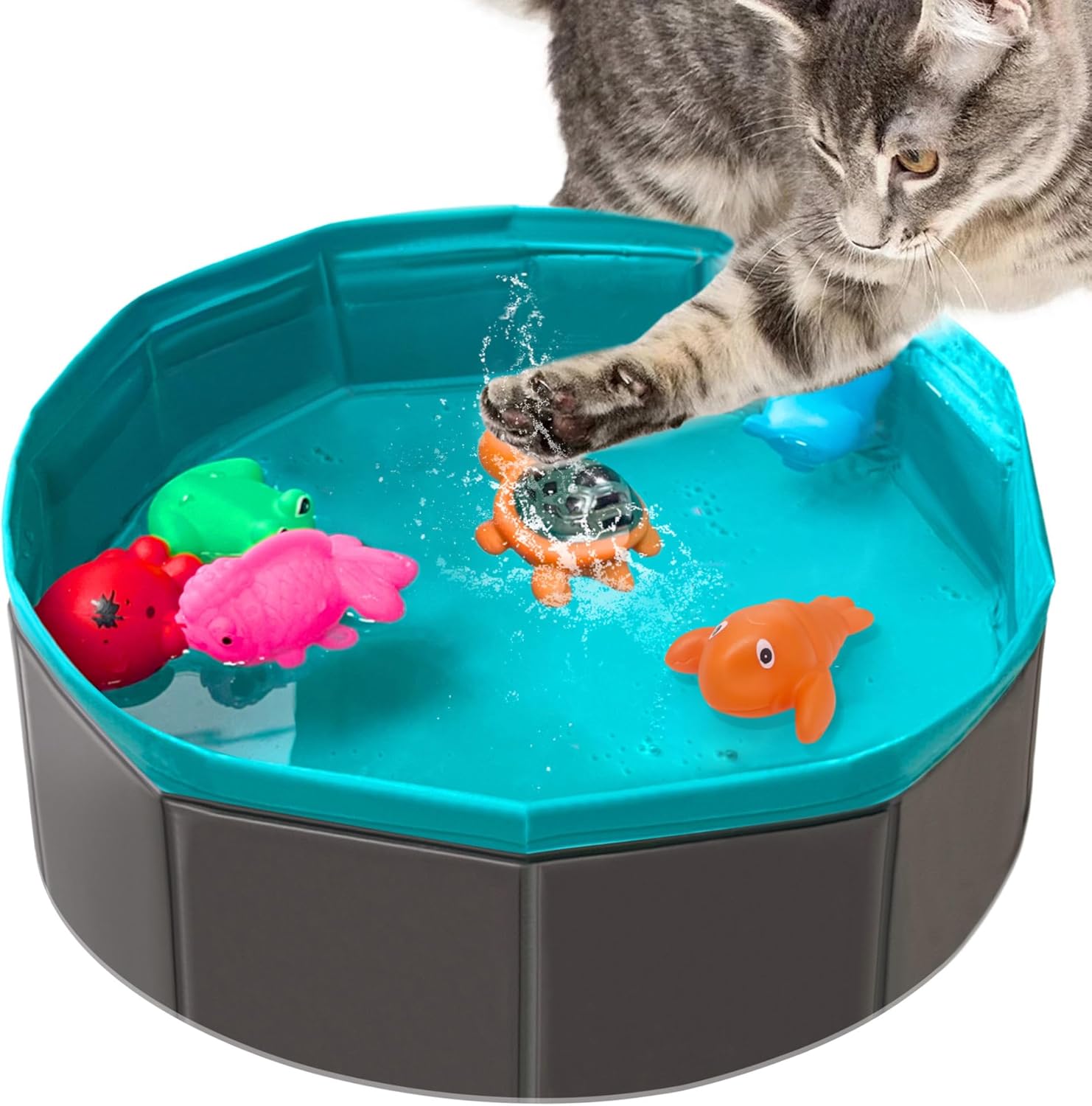 Yopetox interactive cat pool toy front view showing the blue portable play mat with floating fish.