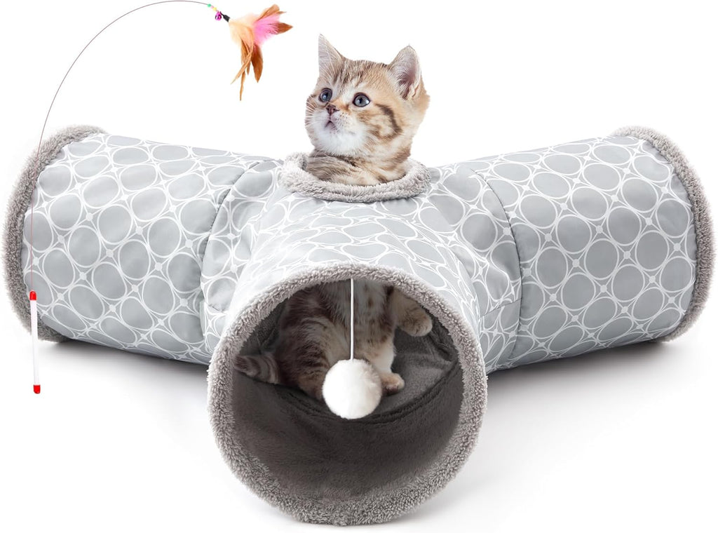 Tempcore Pet Cat Tunnel Tube Toys 3 Way Collapsible, Tunnels for Indoor Cats, Interactive Tube with Teaser Wand, Peek Holes & Hanging Ball, Black & Blue - Image 9