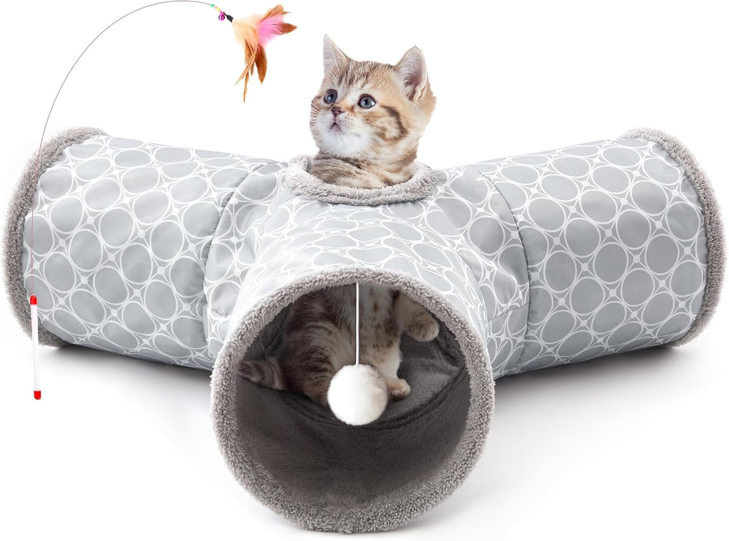 Tempcore Pet Cat Tunnel Tube Toys 3 Way Collapsible, Tunnels for Indoor Cats, Interactive Tube with Teaser Wand, Peek Holes & Hanging Ball, Black & Blue - Image 9