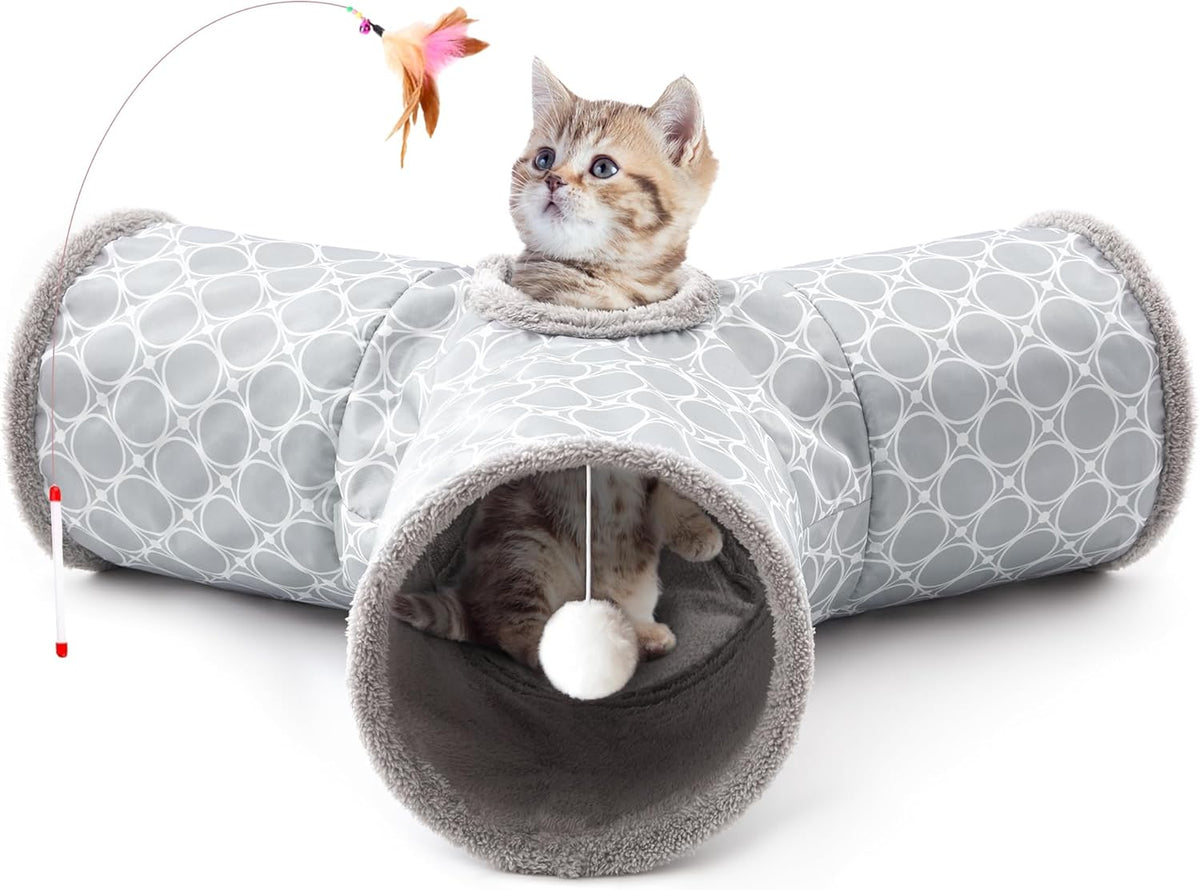 Tempcore Pet Cat Tunnel Tube Toys 3 Way Collapsible, Tunnels for Indoor Cats, Interactive Tube with Teaser Wand, Peek Holes & Hanging Ball, Black & Blue - Image 9