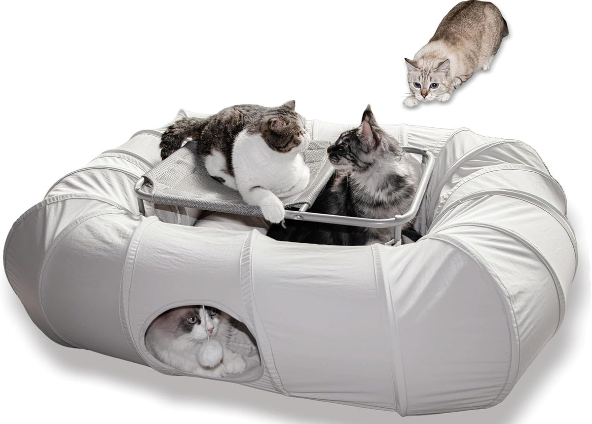Dark gray variant of the XxingSheep 4 way shuttle cat cave assembled on a living room floor mount.