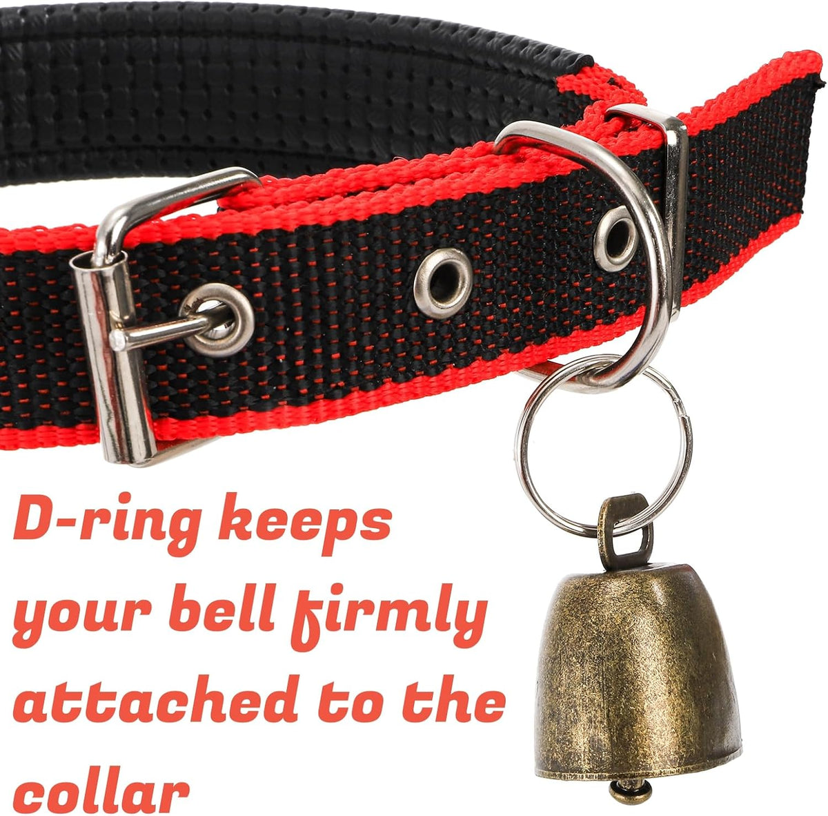 Detailed view of the copper bronze anti lost bell attached to the heavy duty stainless steel D ring.