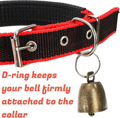 Detailed view of the copper bronze anti lost bell attached to the heavy duty stainless steel D ring.