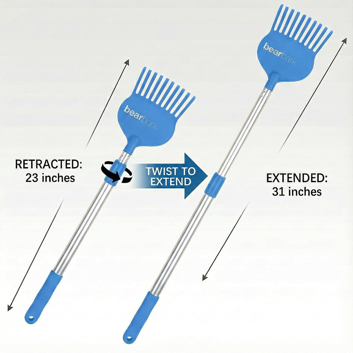 Bearback extendable pet grooming tool adjusted to its compact size next to its fully extended length.