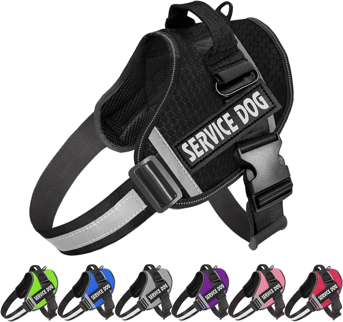 Model dog wearing JSXD service dog harness in outdoor setting