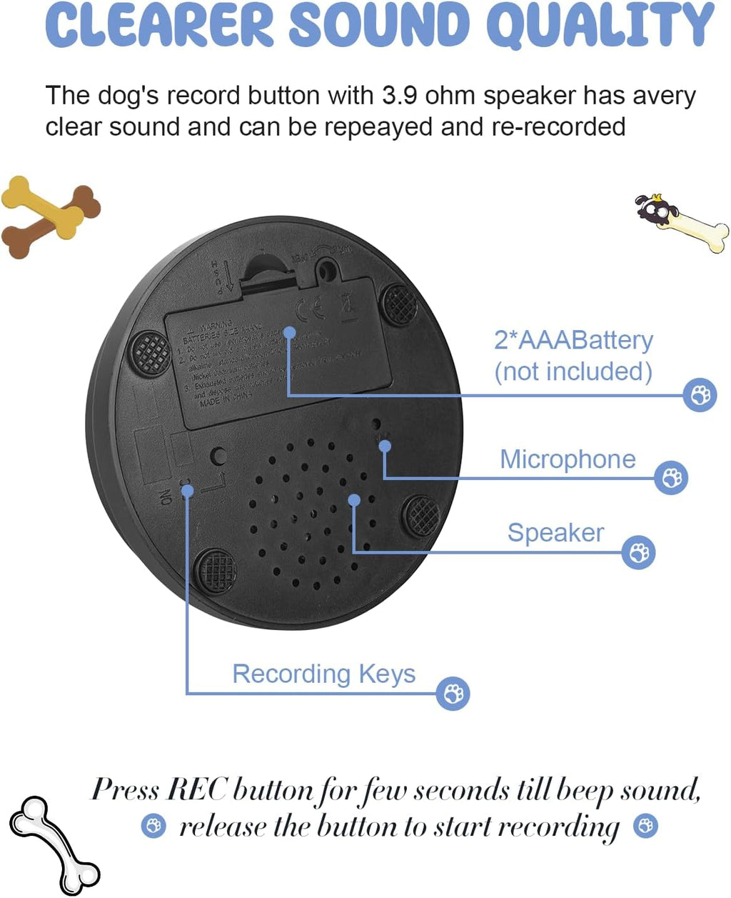 Close up view of the bright red and blue pet talking buttons with custom voice capacity.