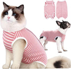 TIAGOBOO cat recovery suit front view pink striped surgical onesie on a kitten
