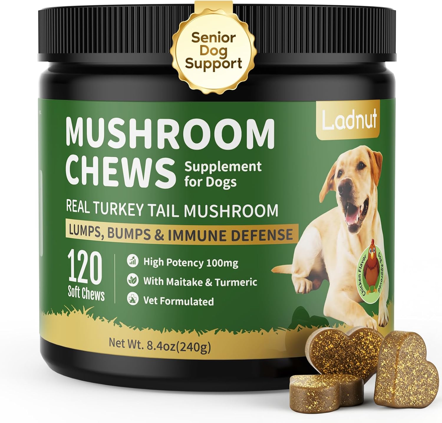 Ladnut Turkey Tail Mushroom for Dogs front view bottle of immune support senior dog supplement soft chews