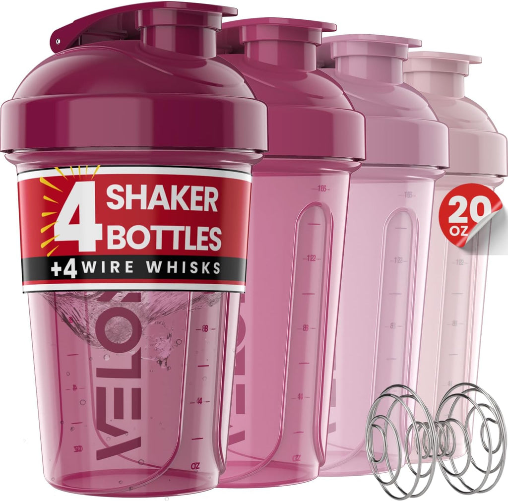VELOMIX shaker bottles 4 pack 20oz leak proof protein mix cups