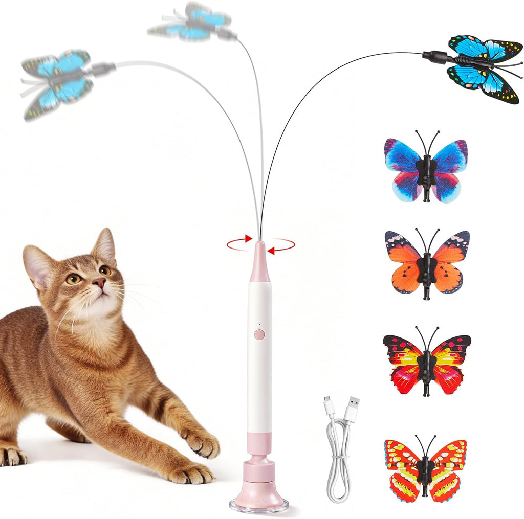 Potaroma Interactive Spinning Butterfly Cat Toy Wand front view on suction cup base.