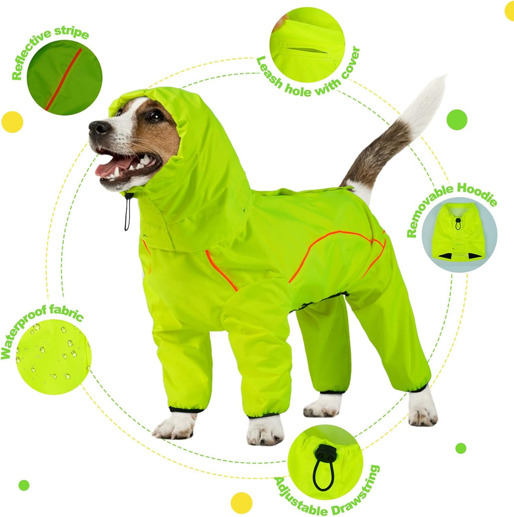 Adjustable four legs pet poncho with removable hood in neon green