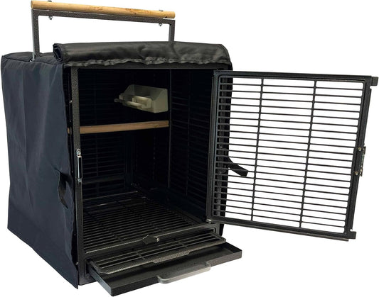 Exotic Nutrition Pet Travel Cage Cover front view showing custom fit over a portable animal cage.