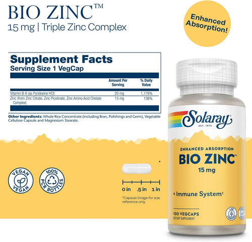 Solaray Bio Zinc 15 mg | Triple Zinc Complex for Healthy Immune System, Endocrine & Cell Function Support | 100 VegCaps - Image 2