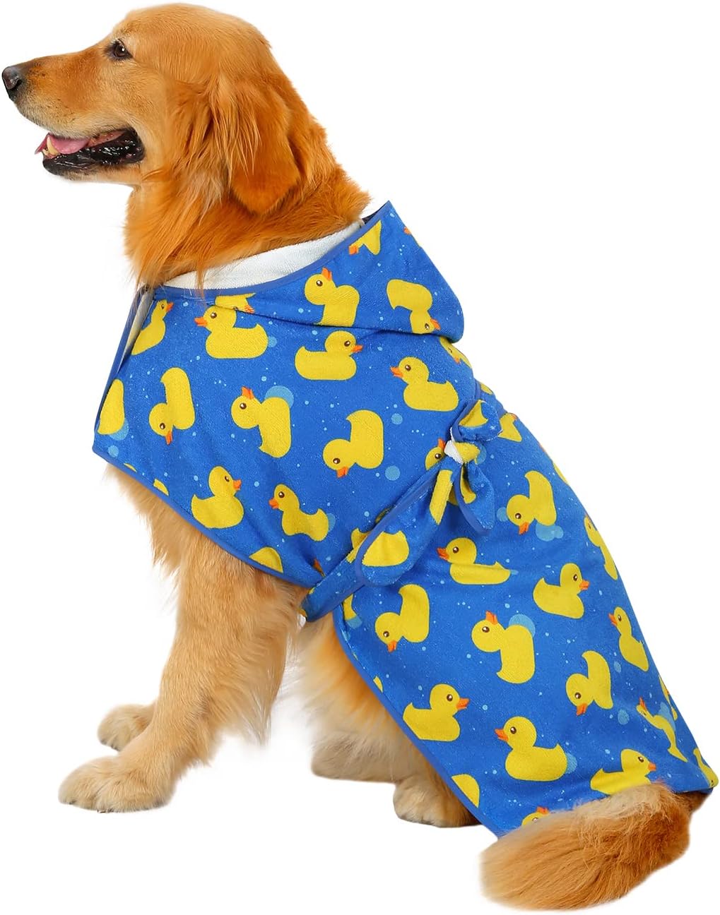 HDE Dog Bathrobe Super Absorbent Quick Drying Puppy Towel Wrap Coat Adjustable After Bath Robes with Hood for Dog Sizes S-XXL White Rubber Ducks S - Image 10
